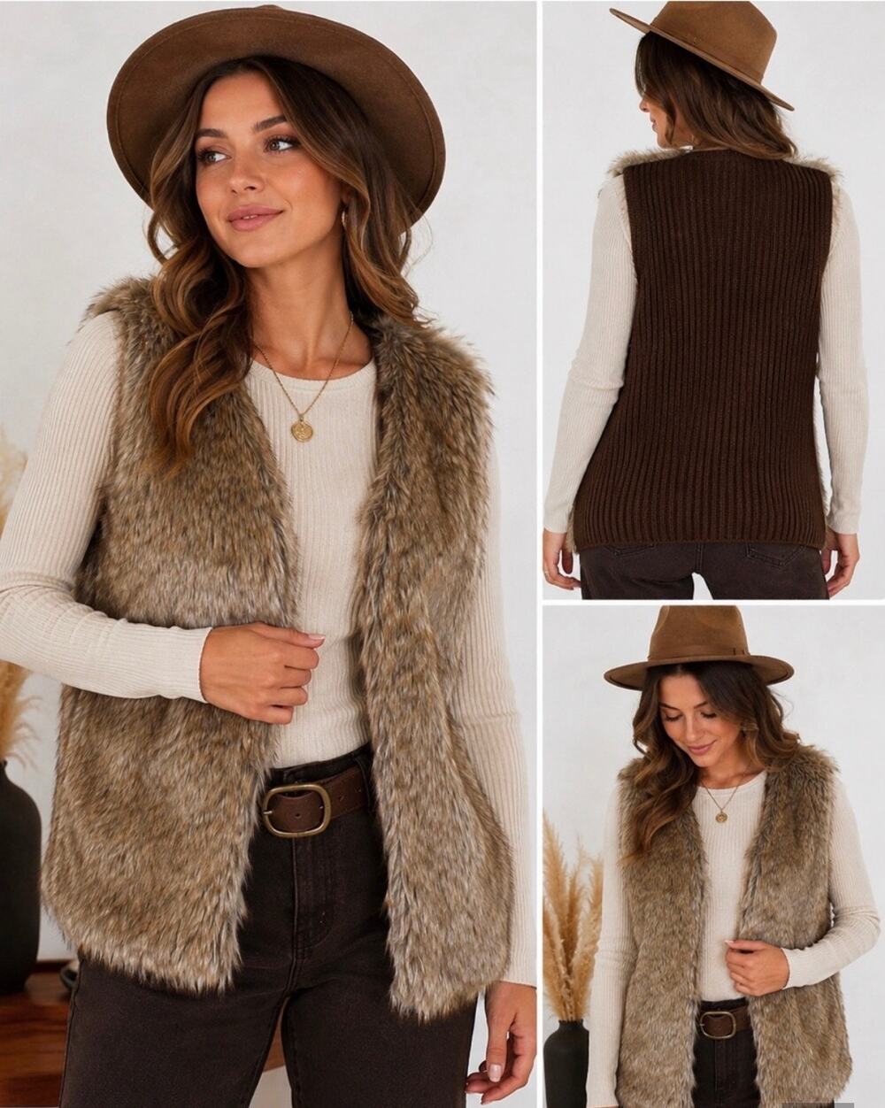 Le Moda Faux Fur Sweater Knit Vest Brown Taupe Boho Western Size XL